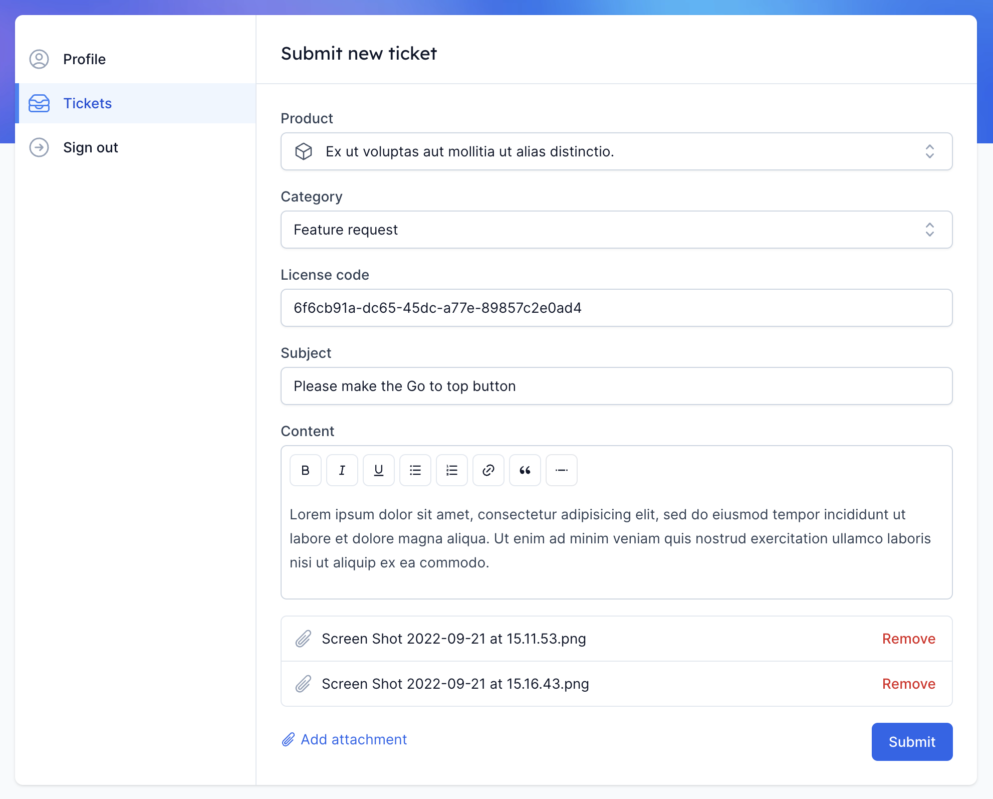 Ticket creation form